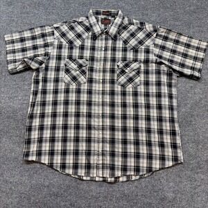 Vintage Plains Big Man 2XL Western Shirt Black Gray Plaid Pearl Snap Cowboy